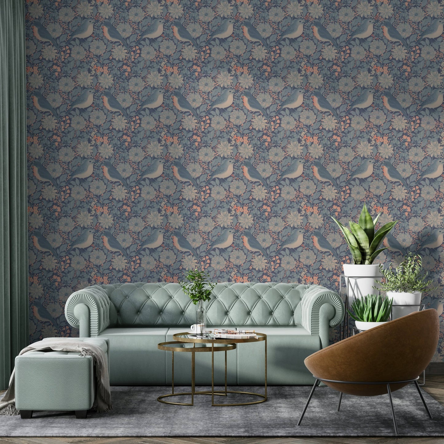 A graceful exotic aviary wall mural in soft, cool tones.


