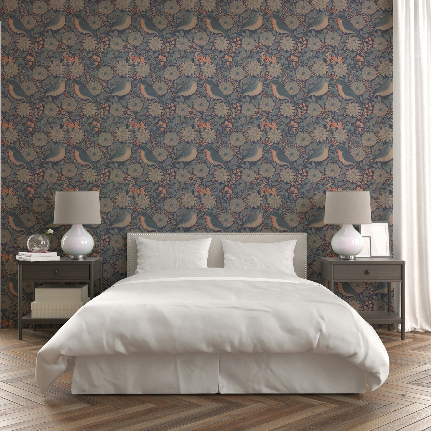 A tranquil bird and floral wall mural for elegant decor.

