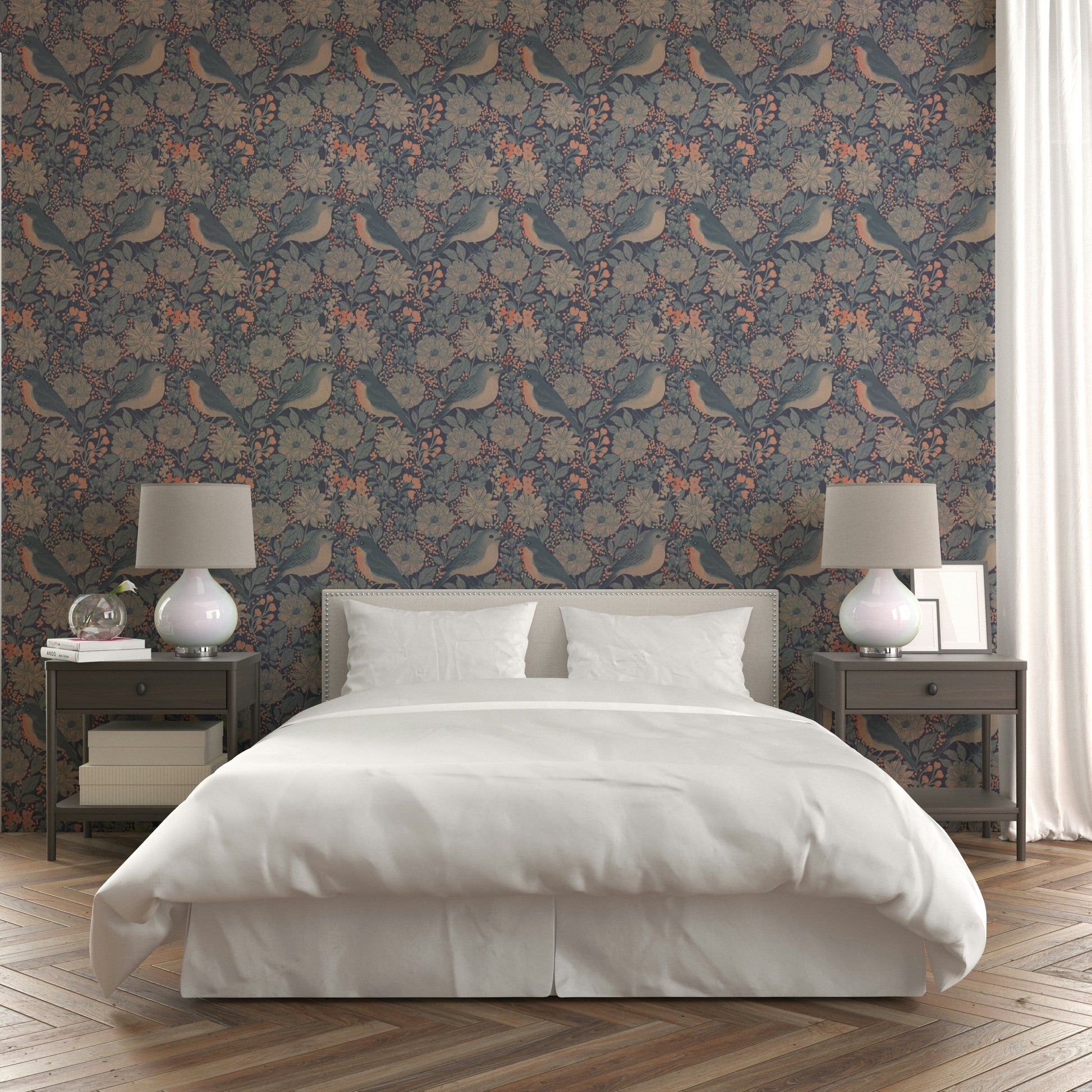 A tranquil bird and floral wall mural for elegant decor.

