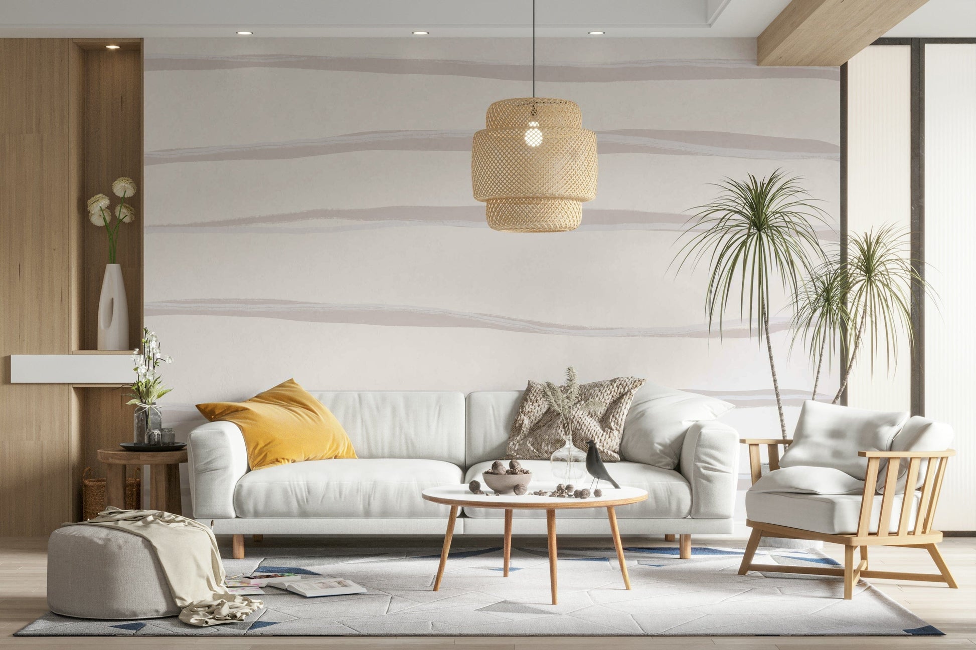 A peaceful striped pattern mural on decorative wallpaper.

