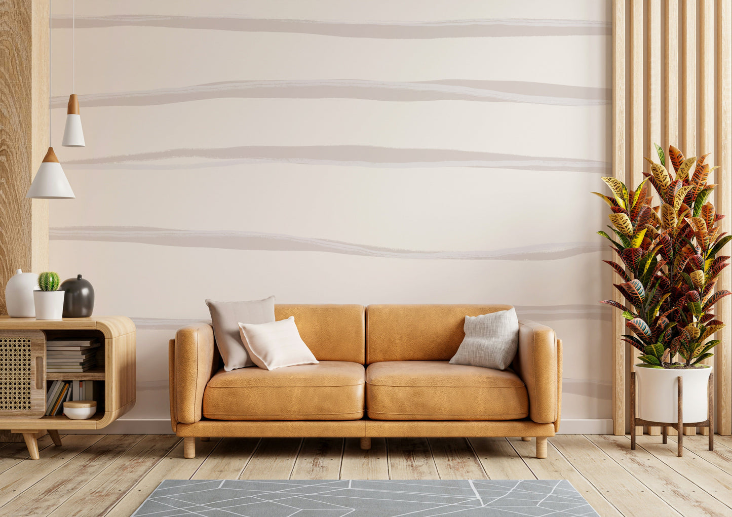 An artistic textured stripe mural on minimalist wallpaper.

