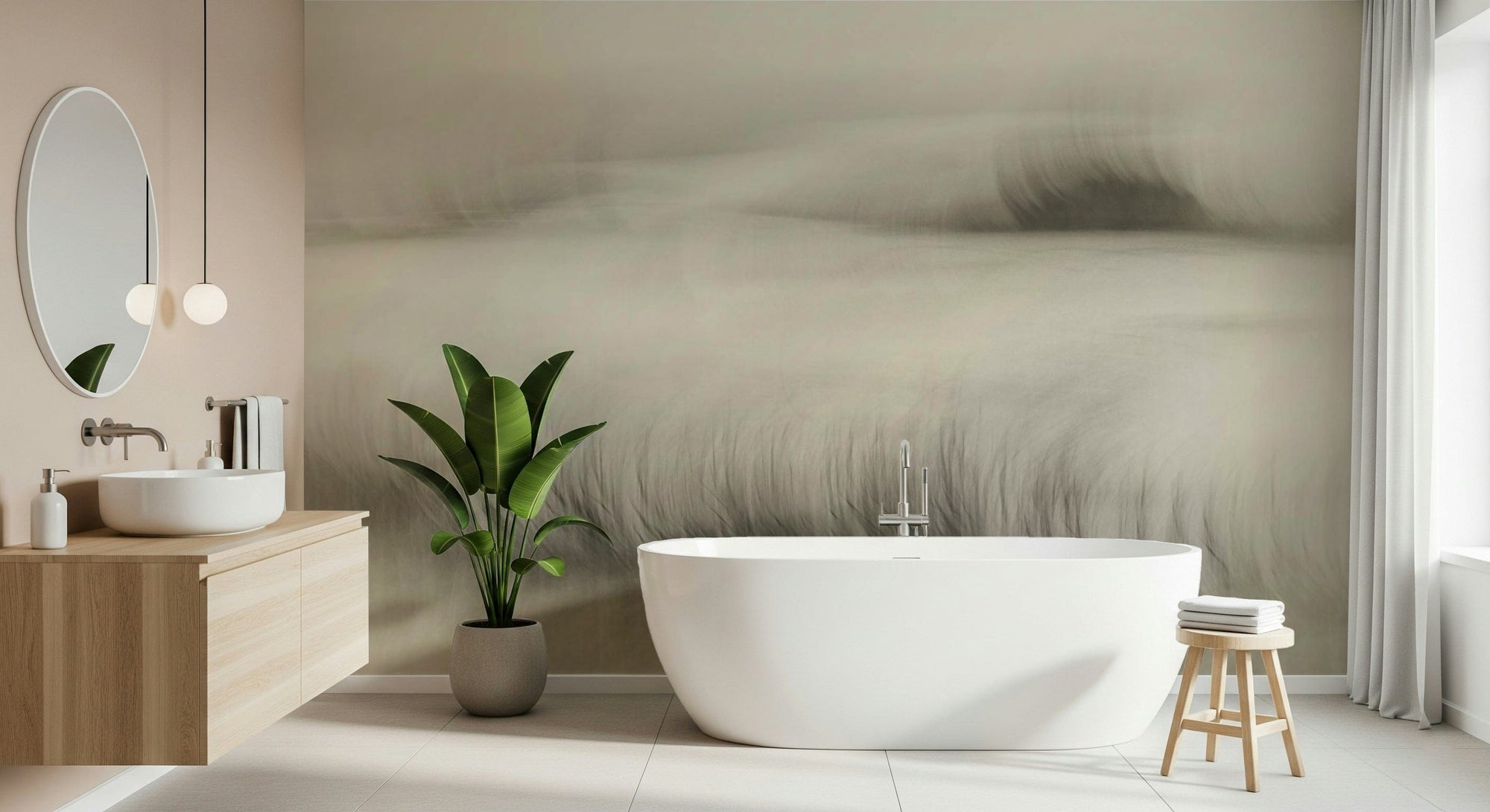 Whispers of Serenity wallpaper mural in misty sage and beige behind a freestanding white tub in a pink bathroom
