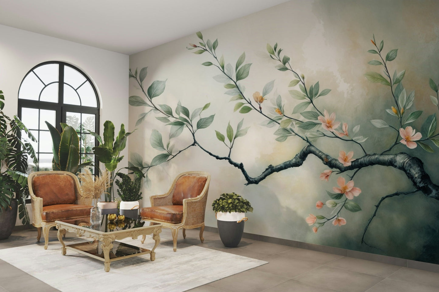 A wall mural of a floral botanical pattern.

