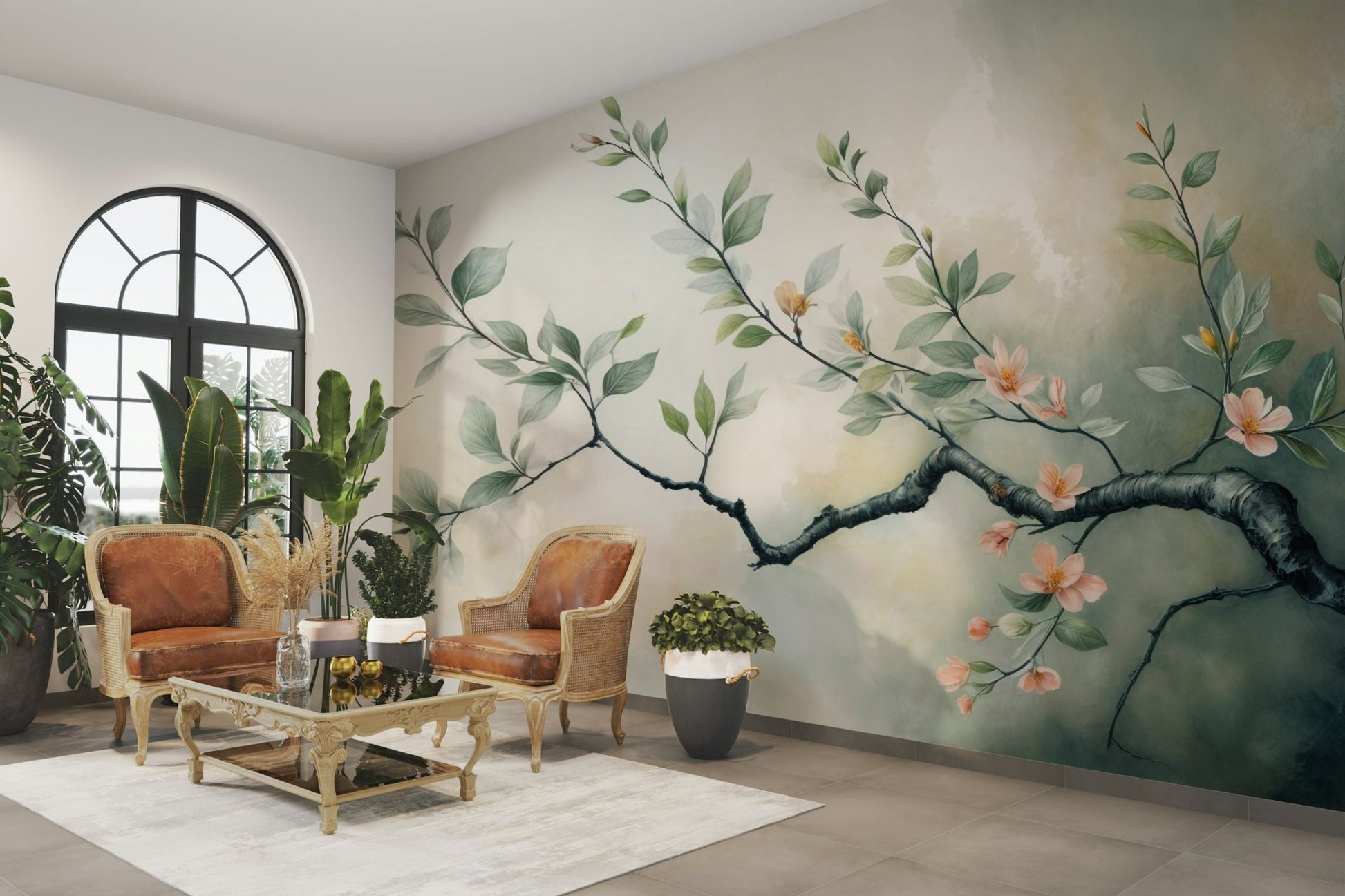A wall mural of a floral botanical pattern.

