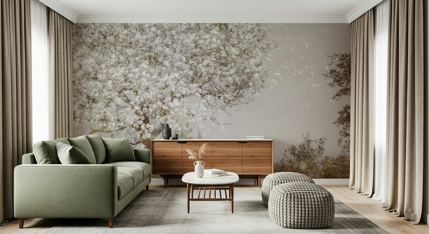A beautiful wide-angle wall mural of a flowering tree.