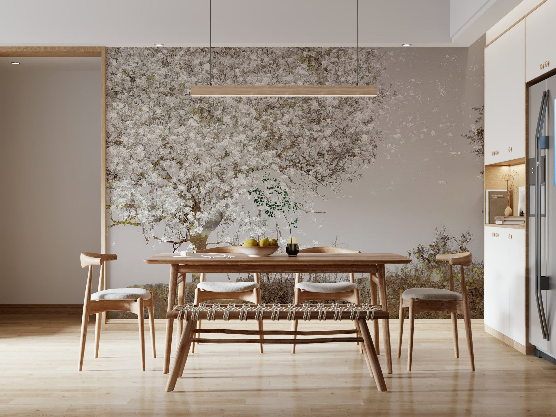 A graceful subtle bloom wall mural in soft, elegant tones.