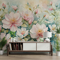 The image shows a peaceful, otherworldly scene with blossoms.

