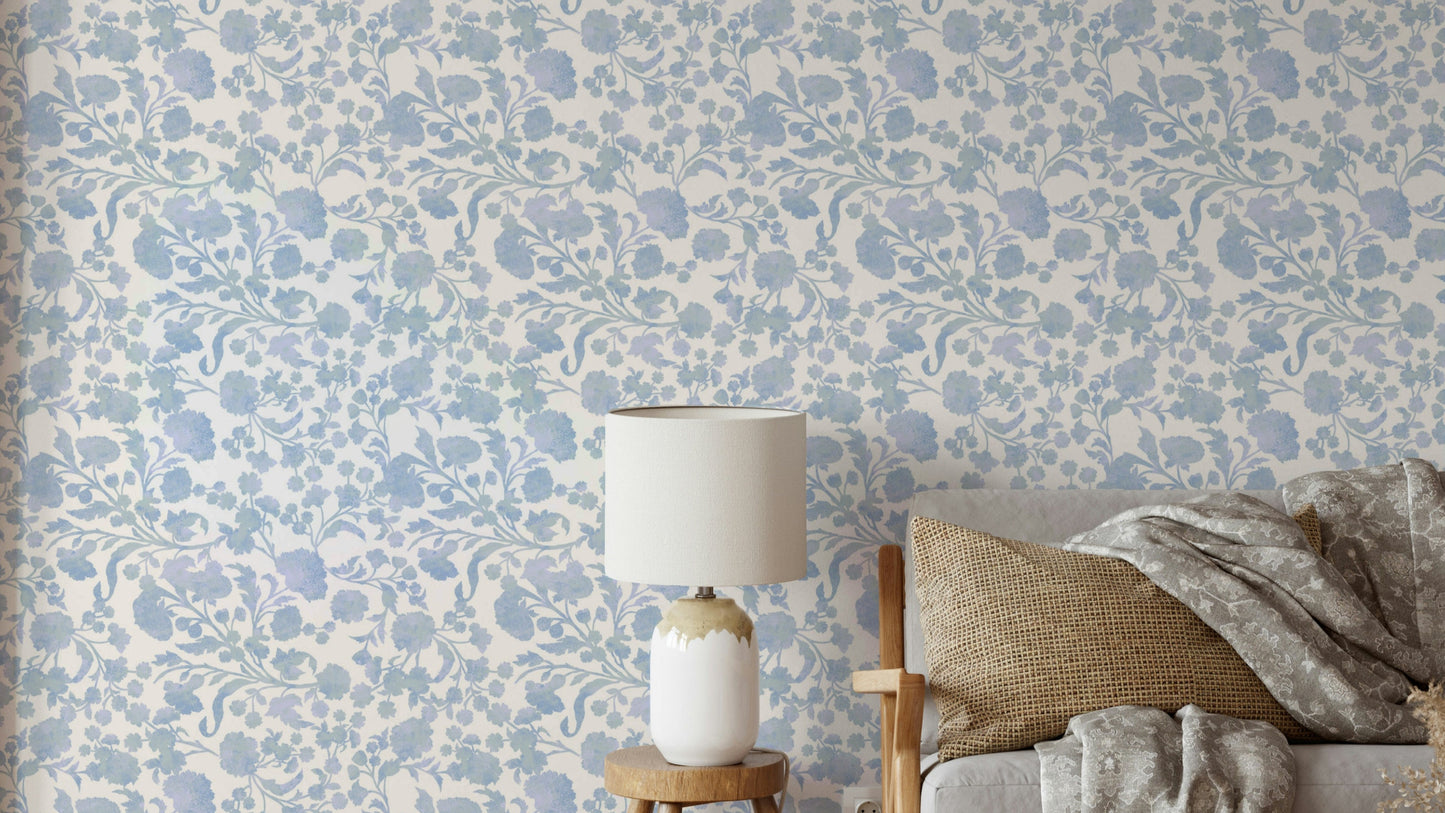 Serene blue floral wallpaper with delicate blooms

