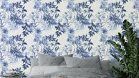 Serene blue wallpaper with botanical prints

