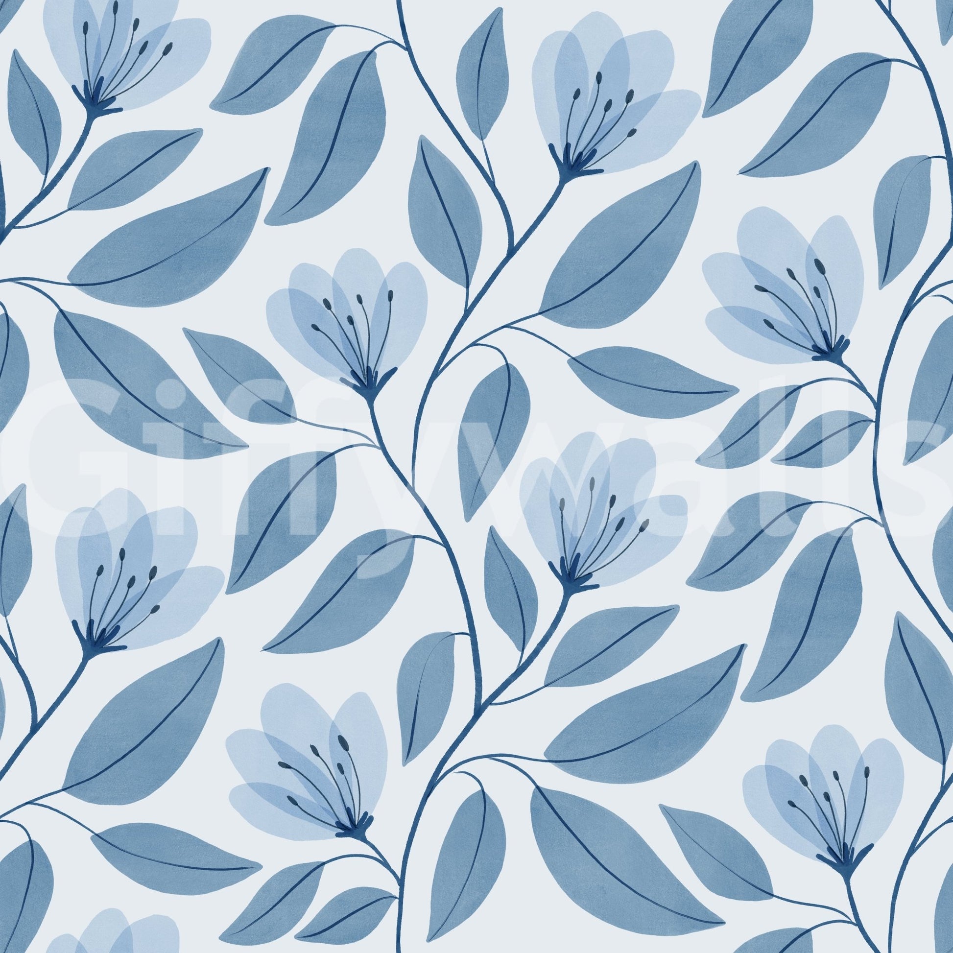 Serene Blue Botanics wallpaper shown as a full-wall pattern of watercolor blue flowers and leaves on pale blue