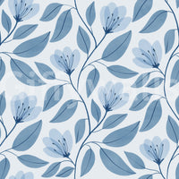 Serene Blue Botanics wallpaper shown as a full-wall pattern of watercolor blue flowers and leaves on pale blue