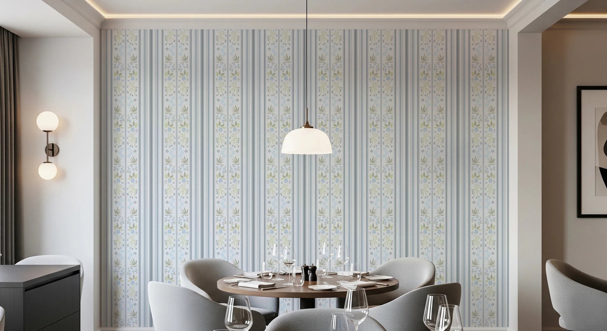 Serene Blue Cottagecore Floral Stripes whimsical Wallpaper⁠