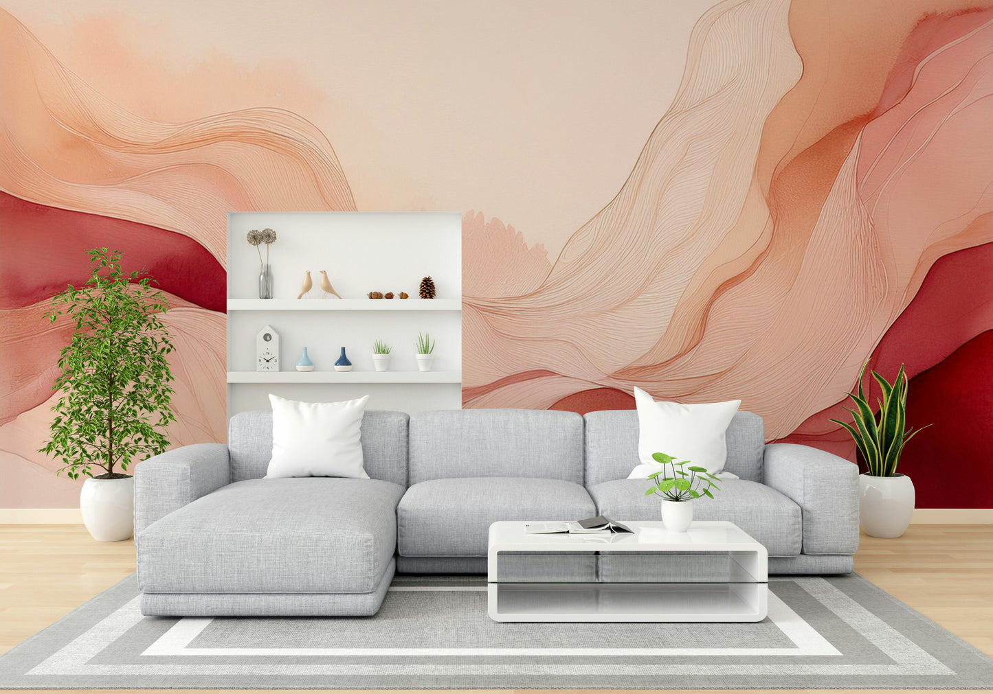 Serene Blush Waves Wall Mural with soft rose tones in a nursery.