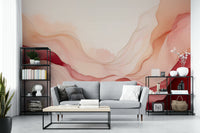 Abstract pink wave wallpaper in a London flat with neutral furniture.