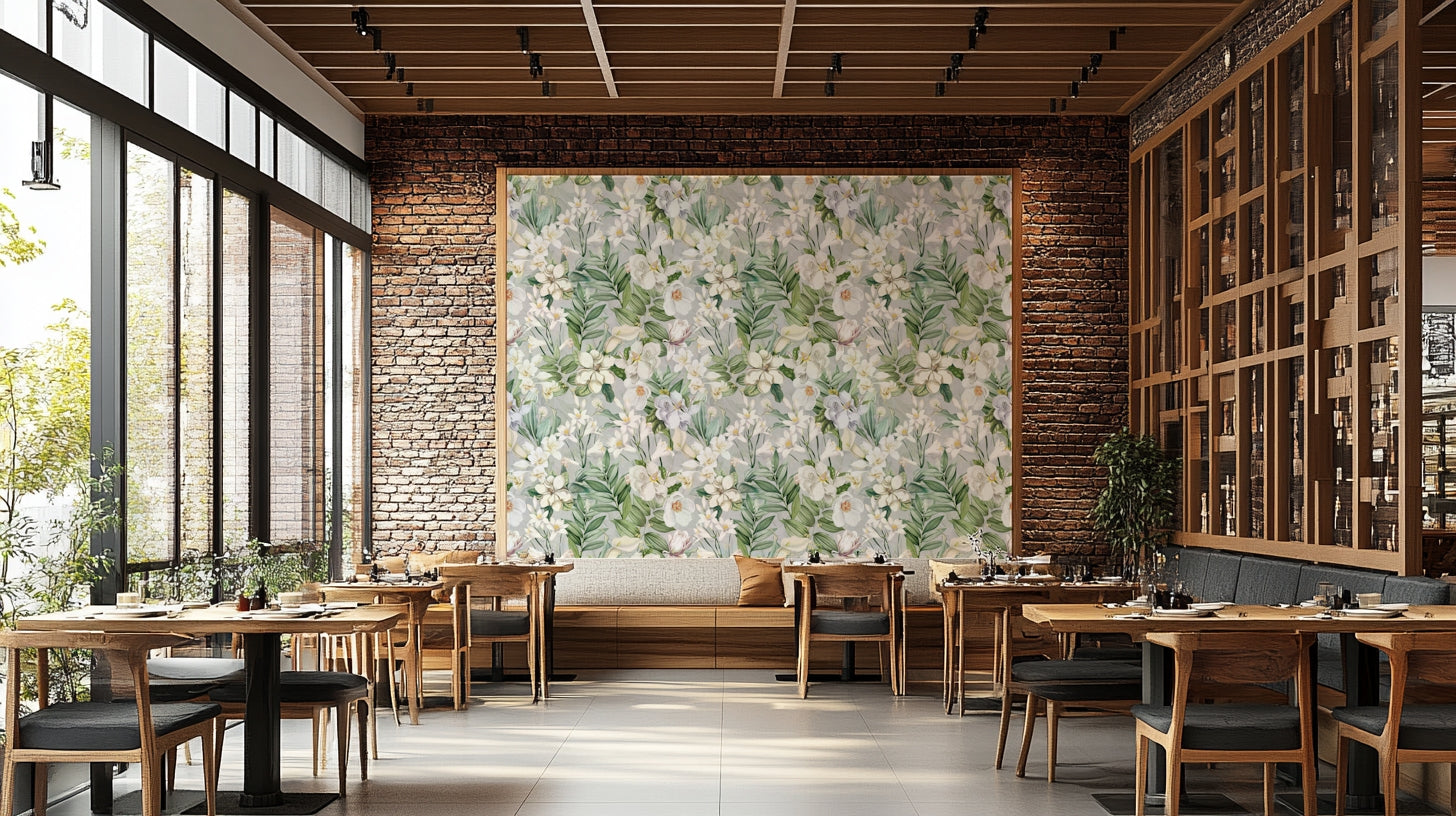 Close-up of intricate floral and leaf designs in Serene Botanical Bloom wallpaper.

