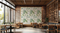 Close-up of intricate floral and leaf designs in Serene Botanical Bloom wallpaper.

