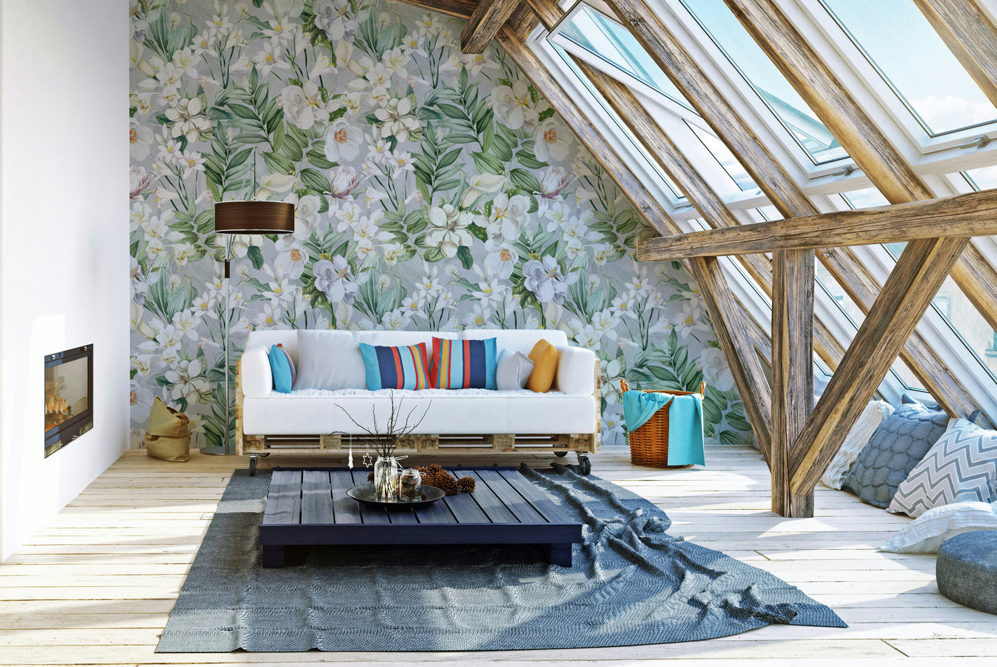 Floral wall mural featuring delicate flowers and botanical elements.

