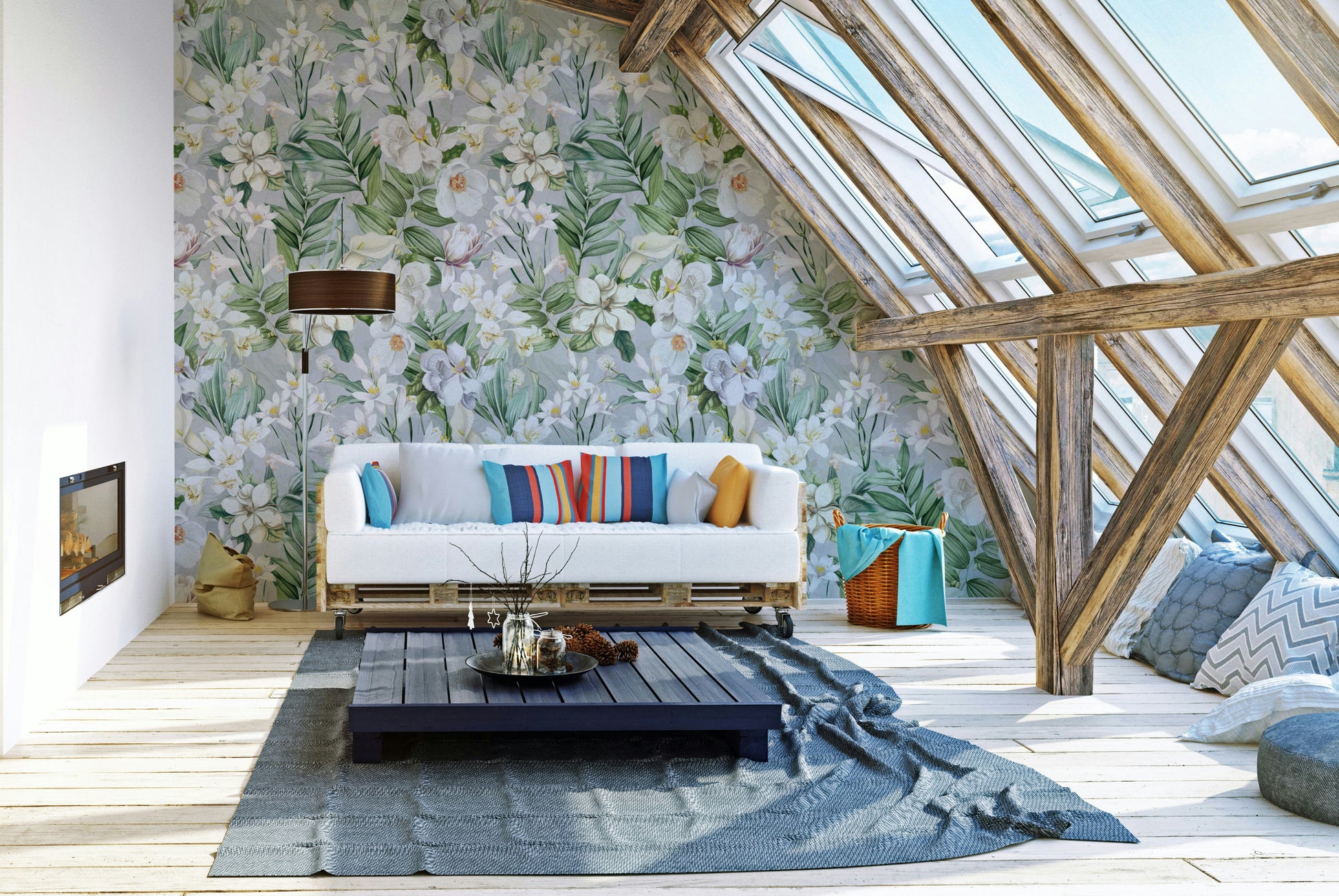 Floral wall mural featuring delicate flowers and botanical elements.

