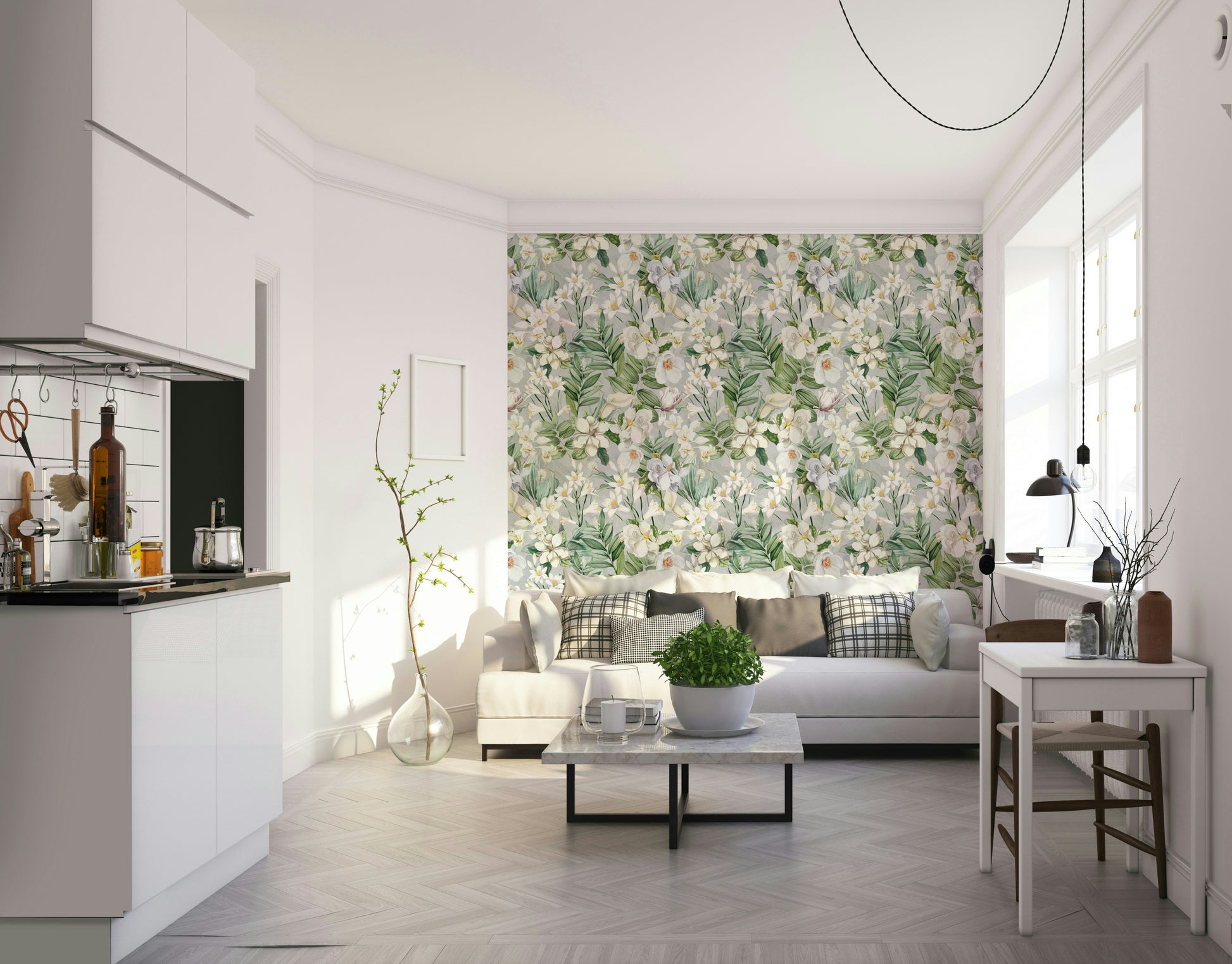 Floral wallpaper mural with subtle pastel blooms and lush leaves.

