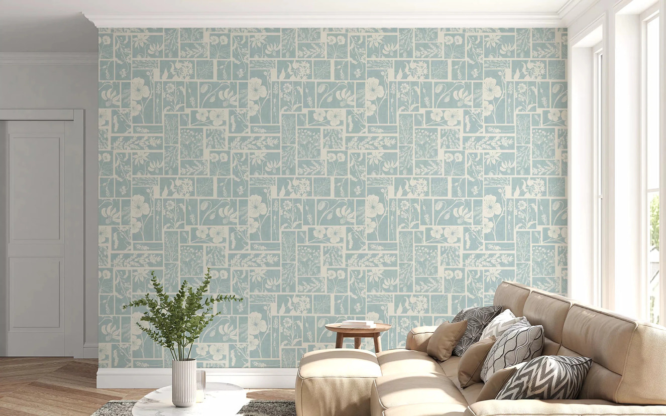 Soft blue botanical patch wallpaper styling for modern living room