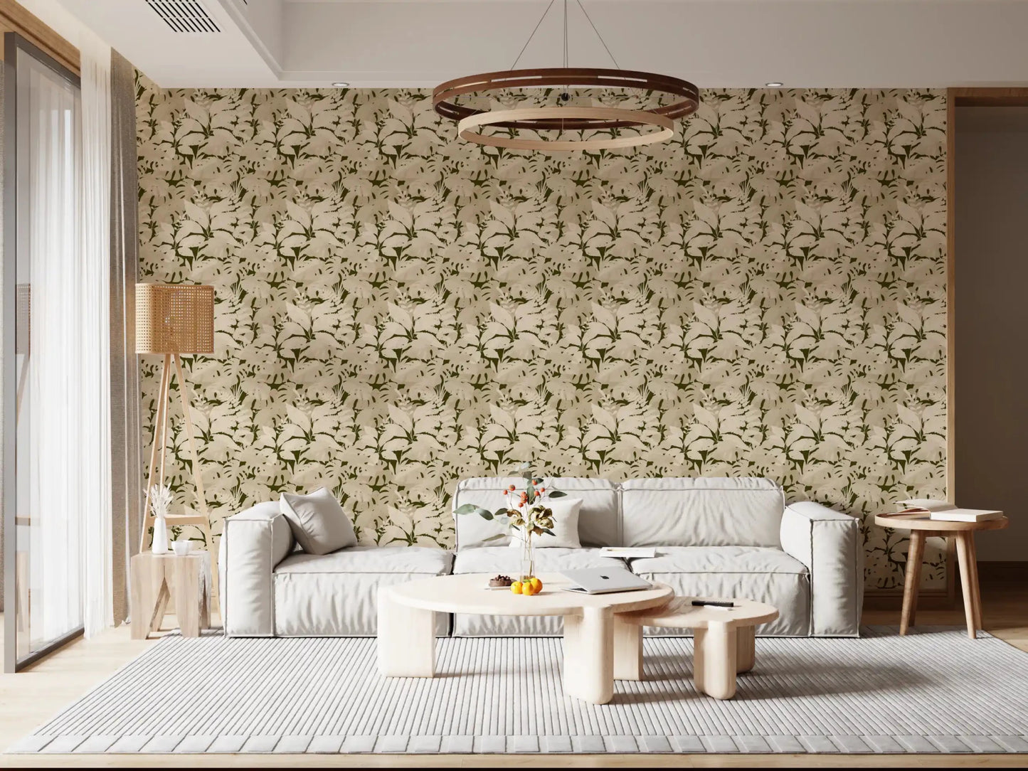 Rustic monstera leaf wallpaper with layered botanical foliage