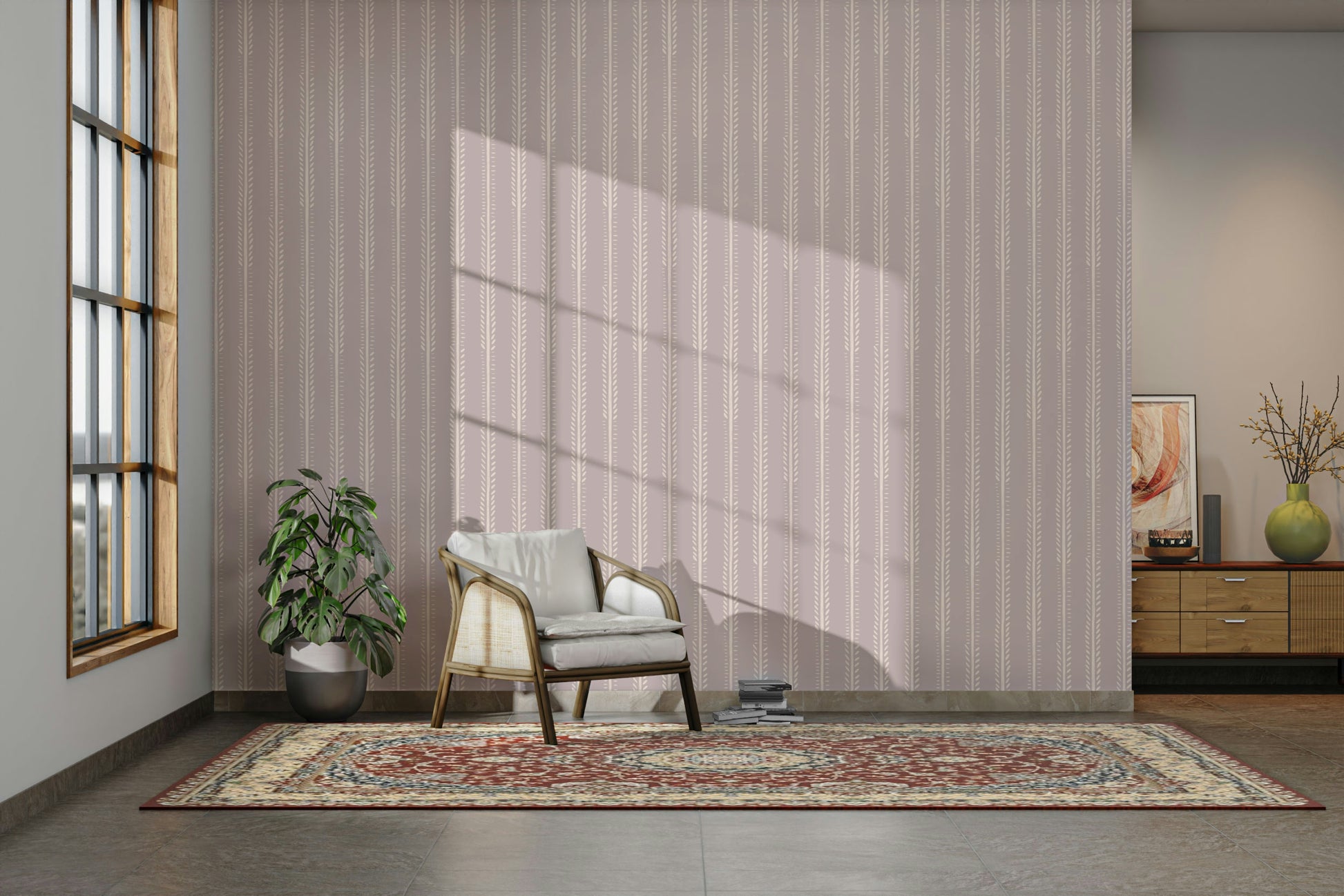 Muted botanical wallpaper with structured stripe layout


