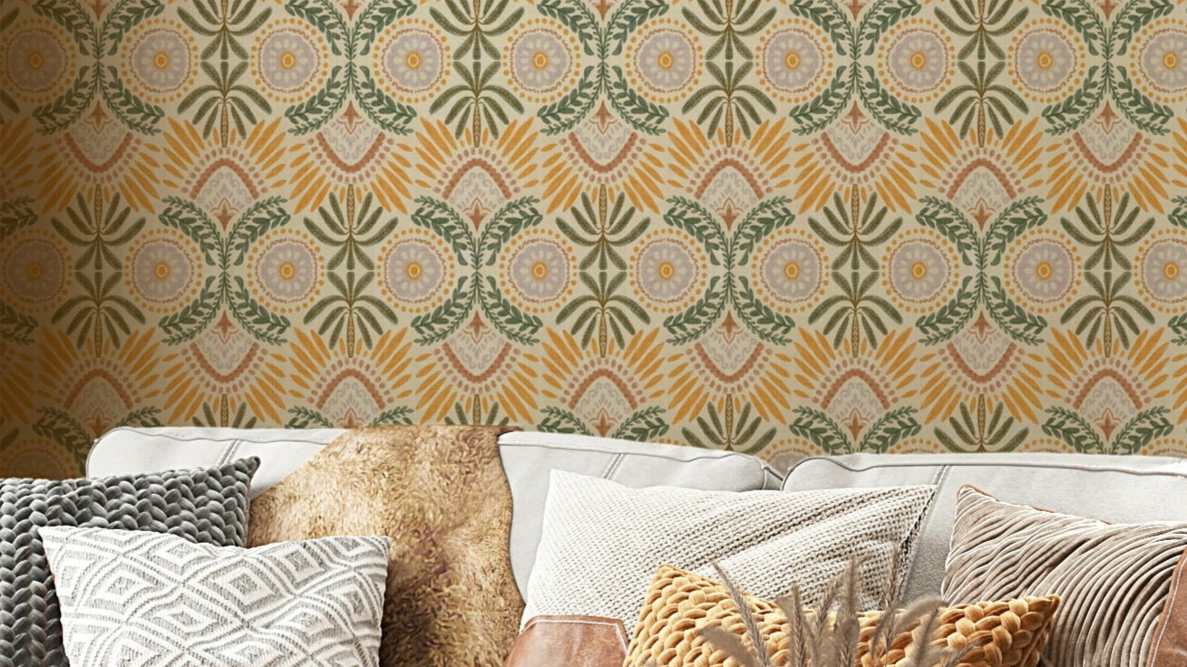 Serene botanical tapestry wallpaper with leafy patterns

