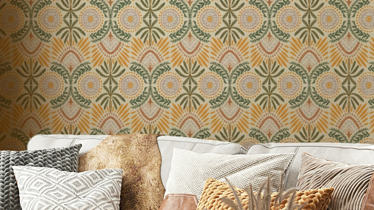 Serene botanical tapestry wallpaper with leafy patterns

