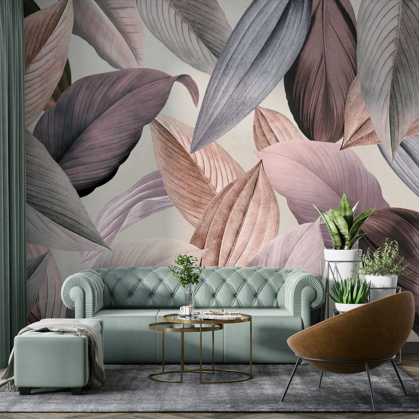 Soft green and earthy-toned floral wall mural


