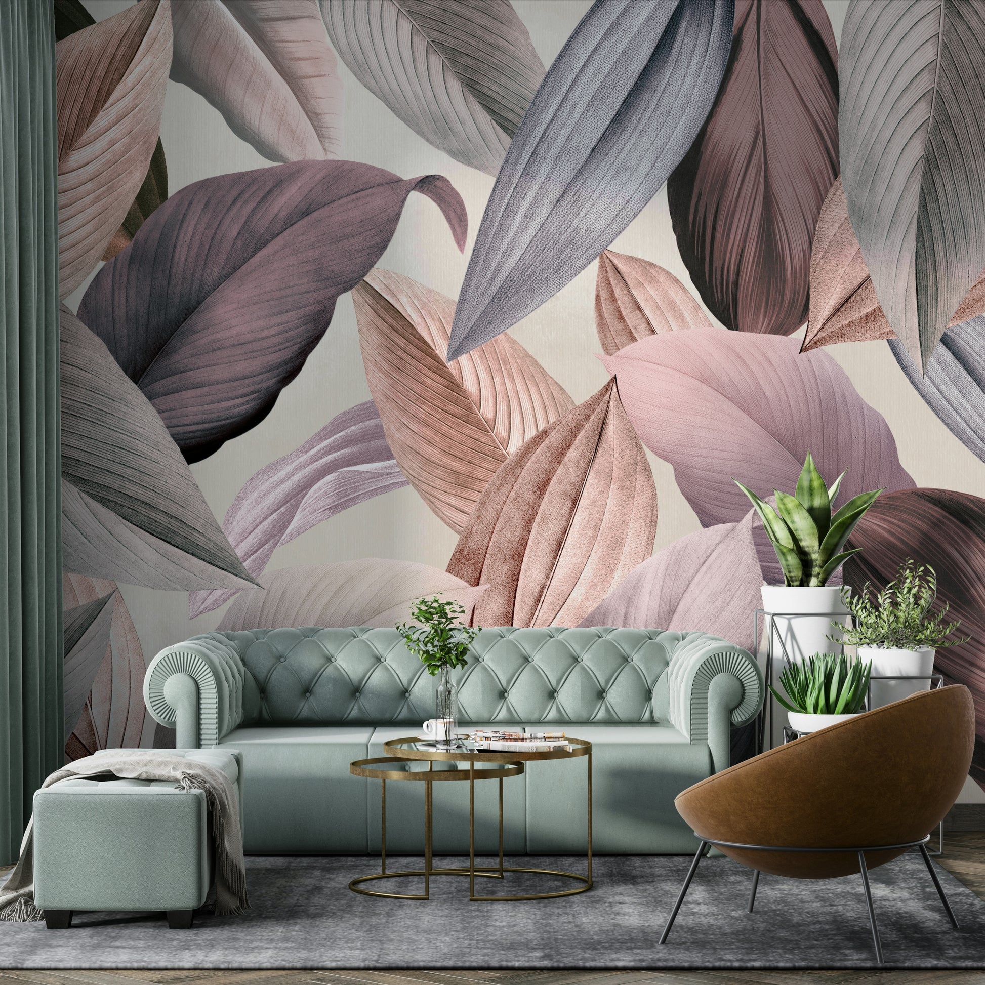 Soft green and earthy-toned floral wall mural

