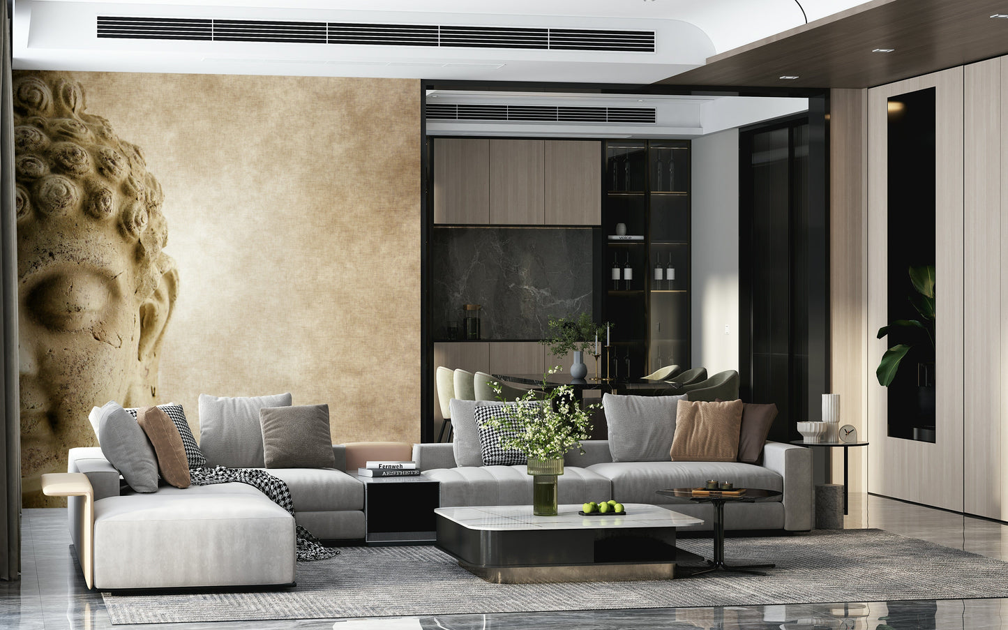 Buddha mural in a minimalist bedroom with warm natural lighting