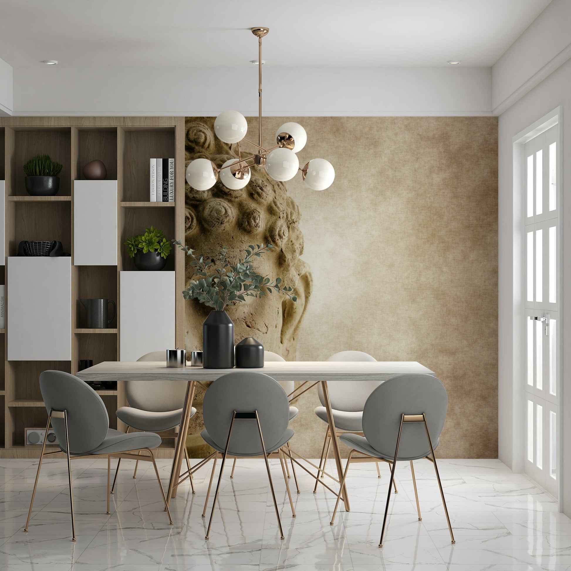 Modern meditation space with serene Buddha mural and soft wall decor