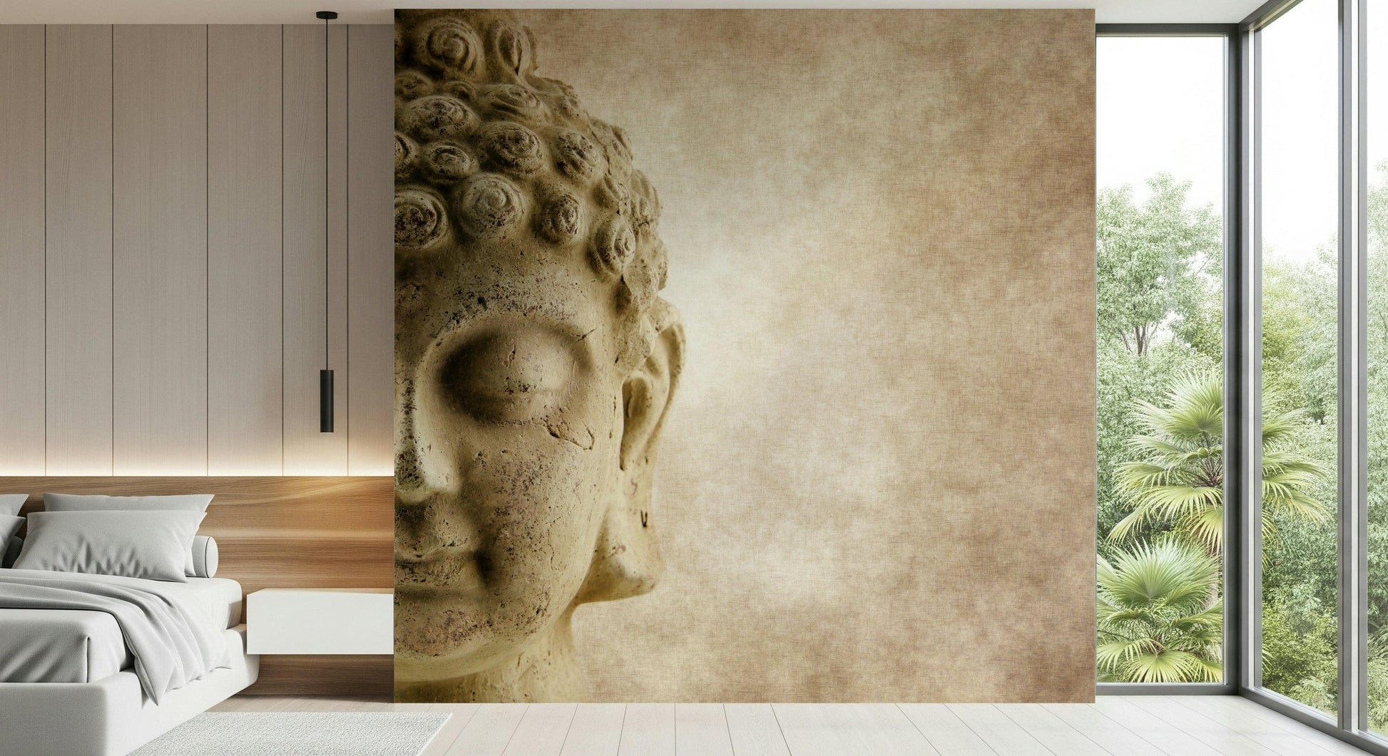 Buddha’s Grace mural used as a feature wall in modern apartment