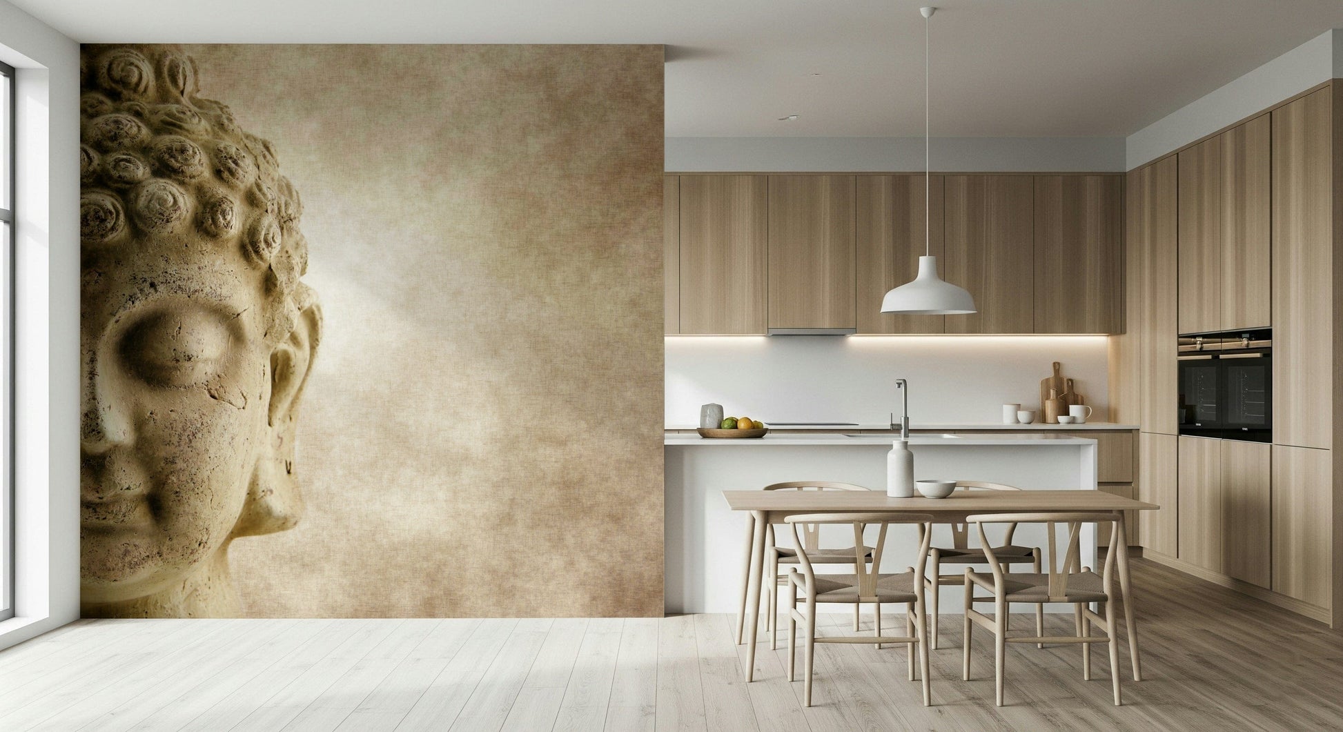 Buddha's Grace Wall Mural in a calm living room with neutral colors