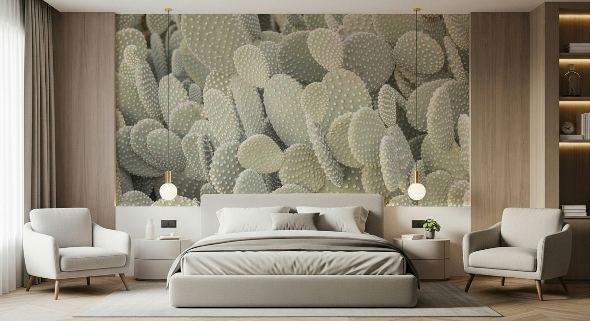 Serene Cactus Cluster wallpaper mural in pale green behind an upholstered bed and armchairs in a bedroom