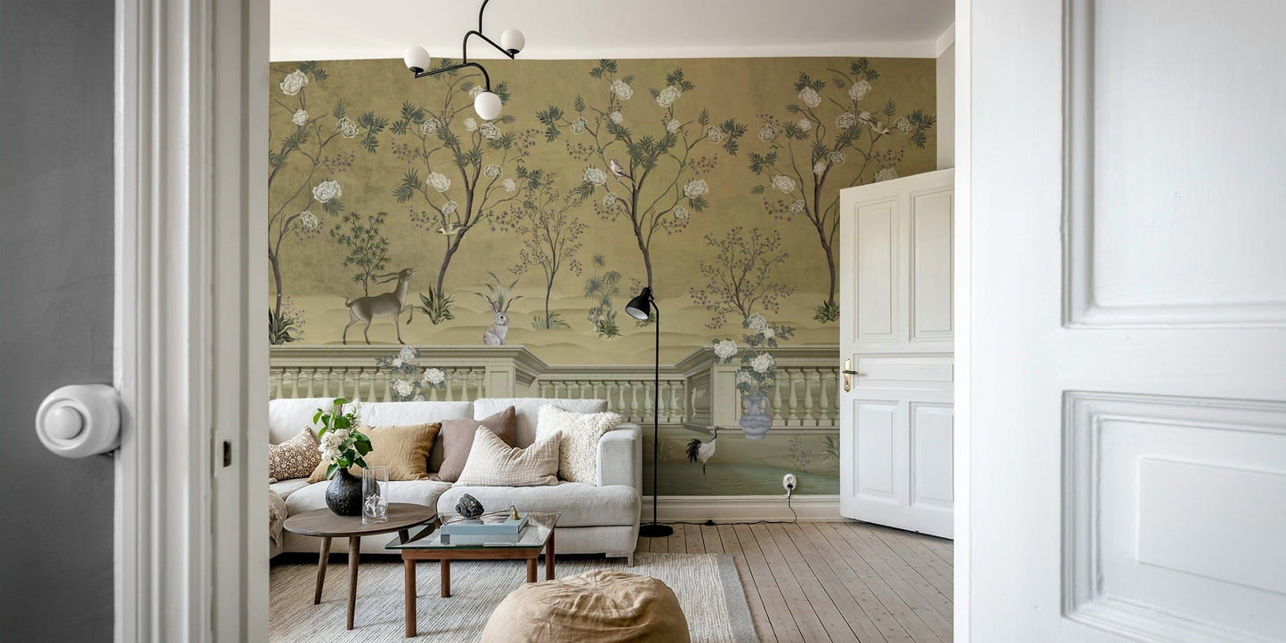 The design features a repeating pattern of soft, graceful birds and blooming branches.
