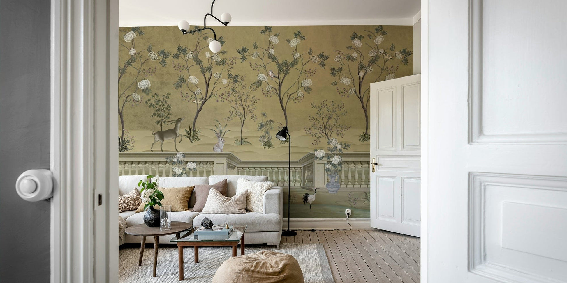 The design features a repeating pattern of soft, graceful birds and blooming branches.