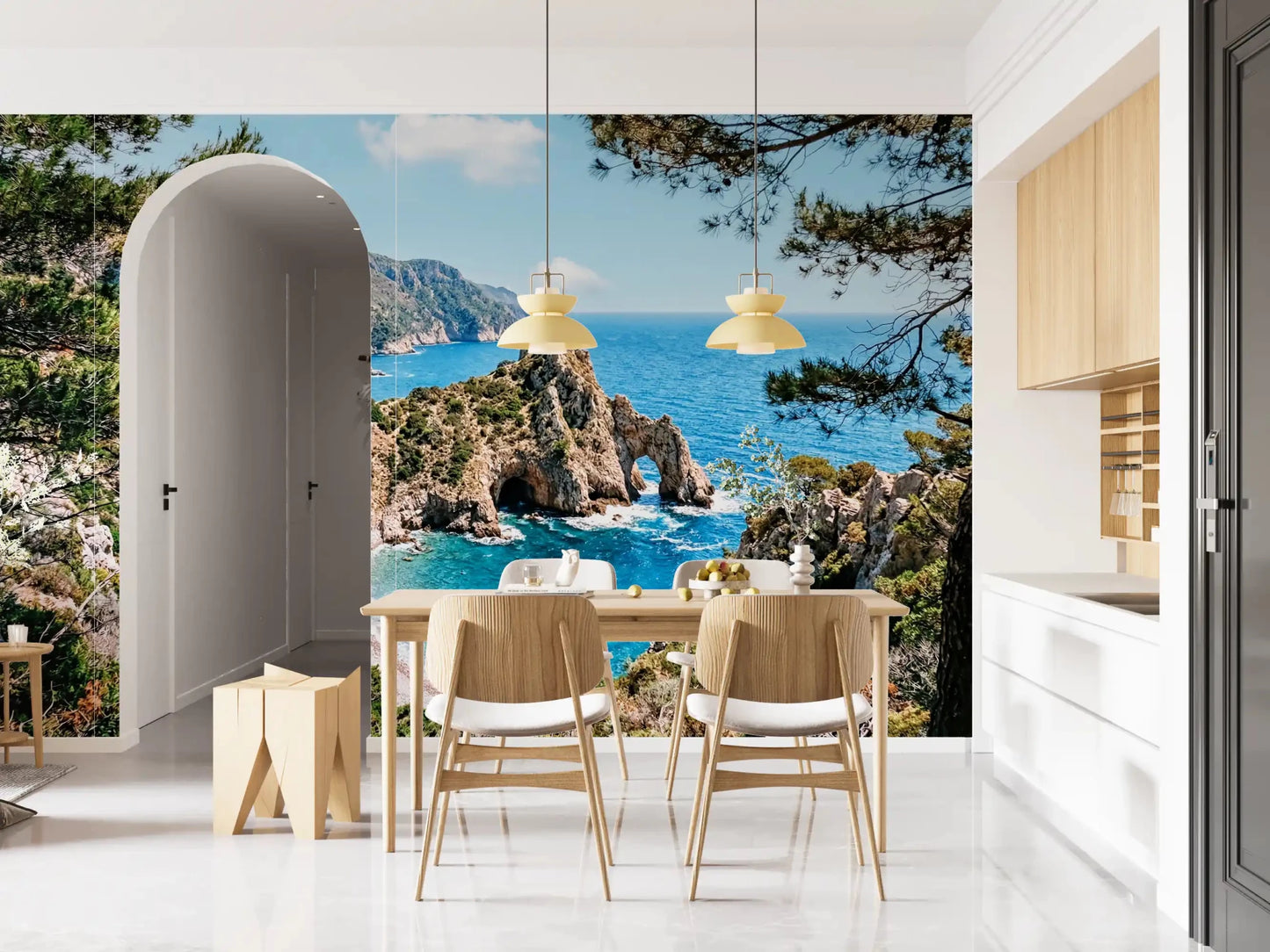 Dining area featuring coastal cove wall mural and cliffside blues