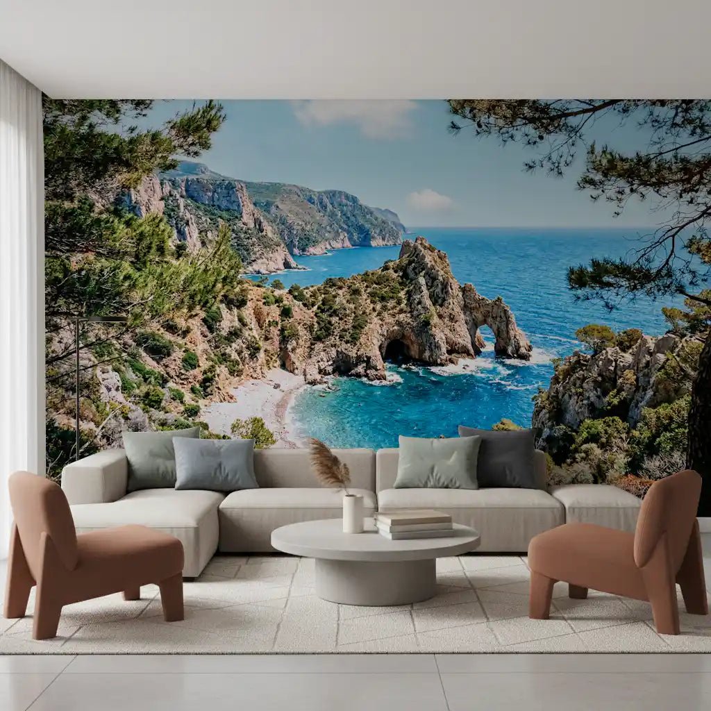 Hallway with serene coastal archway wall mural and bright sea view