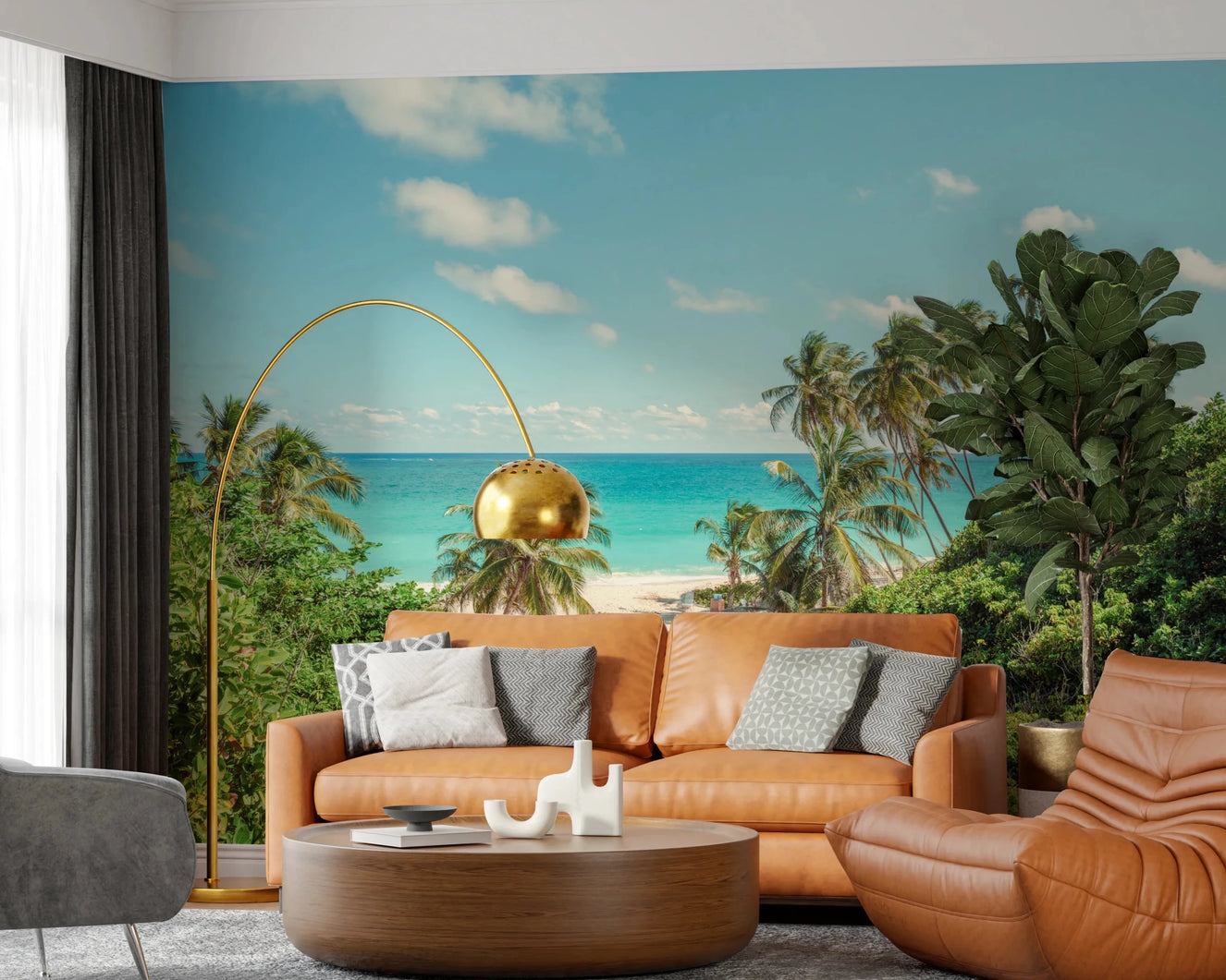 Tropical beach scene wall mural with palm trees and turquoise ocean view