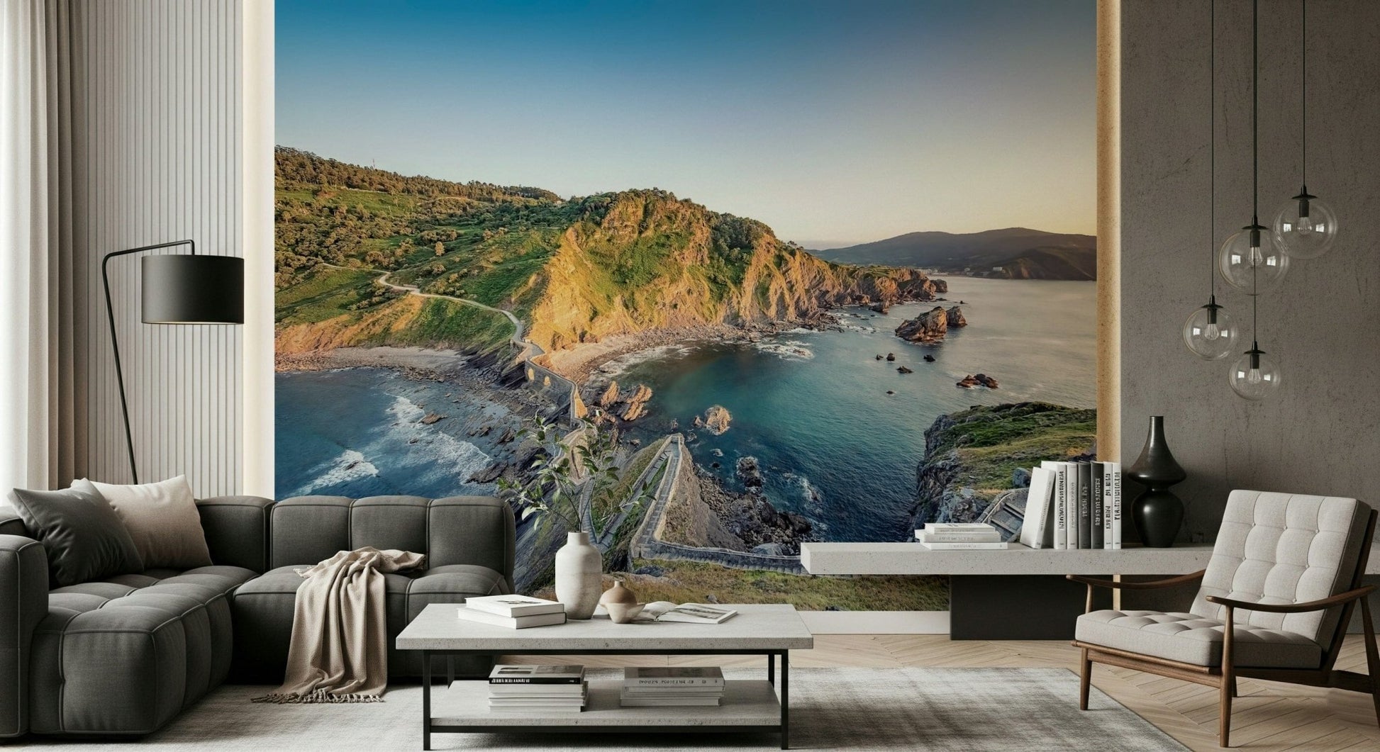 Curved pathway Serene Coastline Path wall decoration background image
