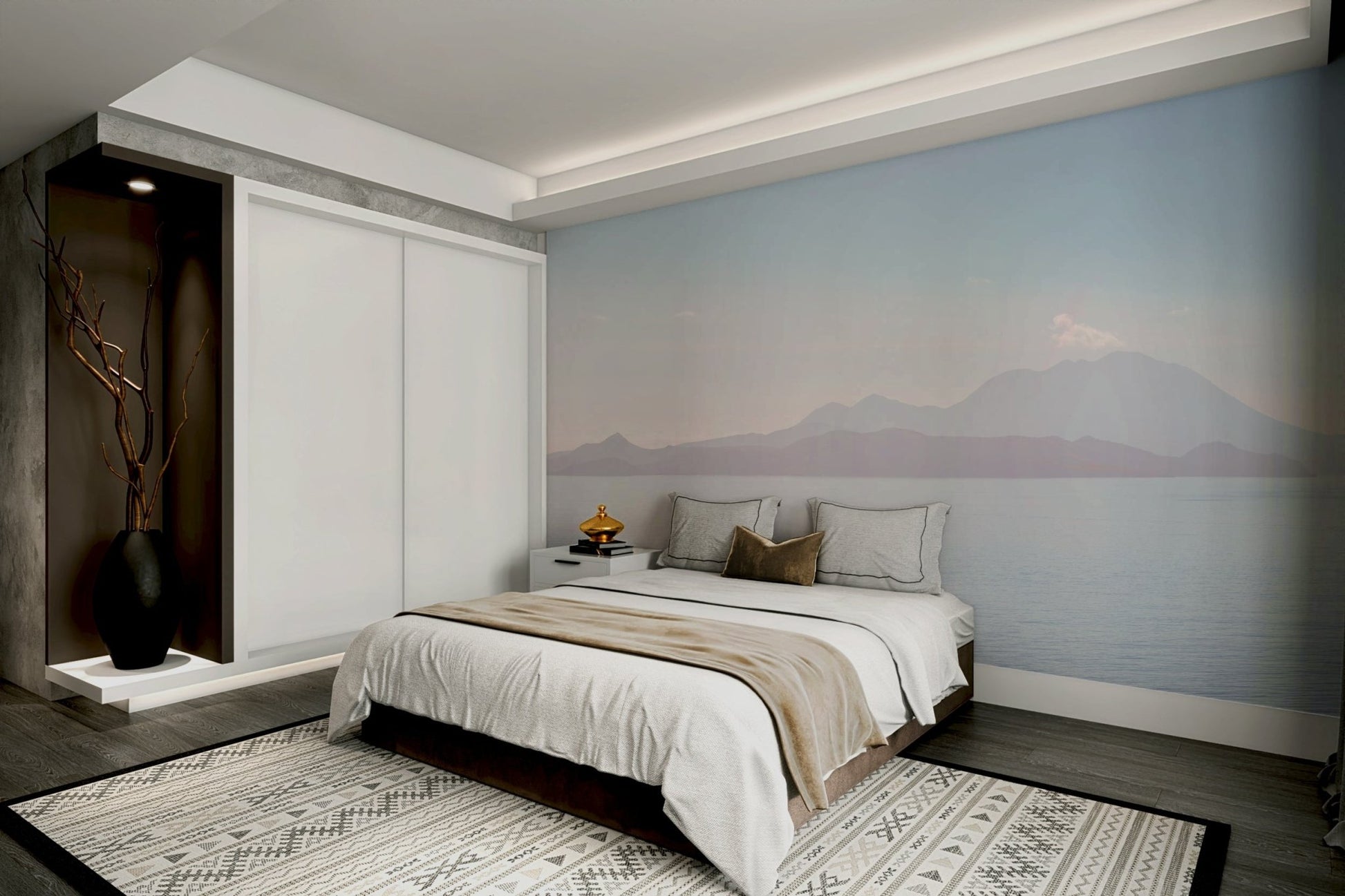 Mural with a cloudy blue sky.

