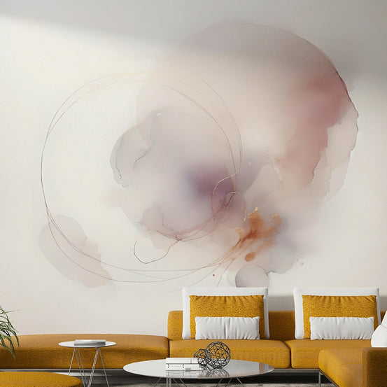 Abstract blue watercolor waves in a modern apartment living room.