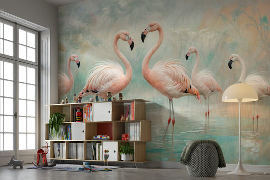 Serene Flamingo Lagoon wall mural of pink flamingos behind a low wood toy shelf in a child's playroom