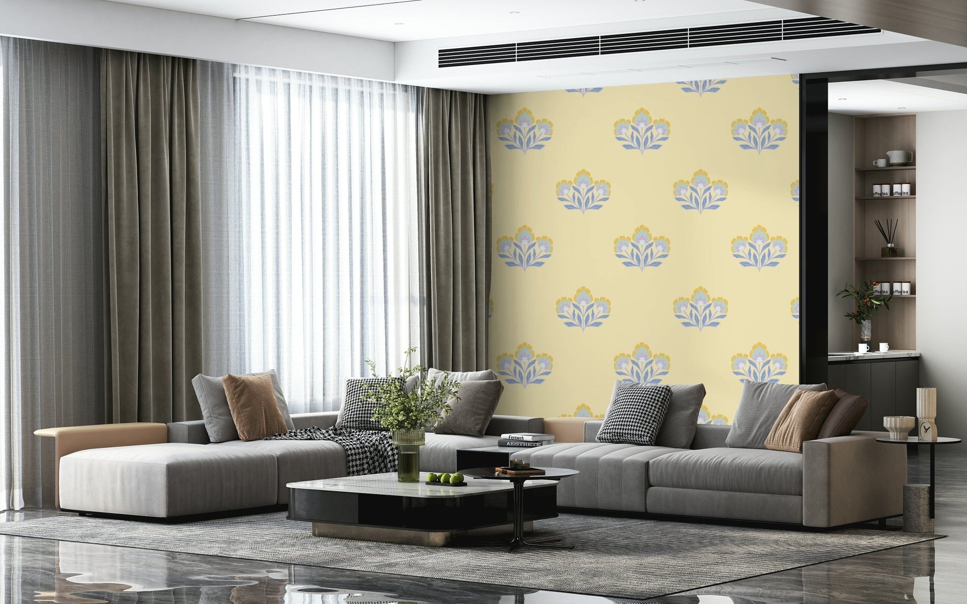 Mellow Serene Flora wallpaper, harmonious pastel floral graphic.