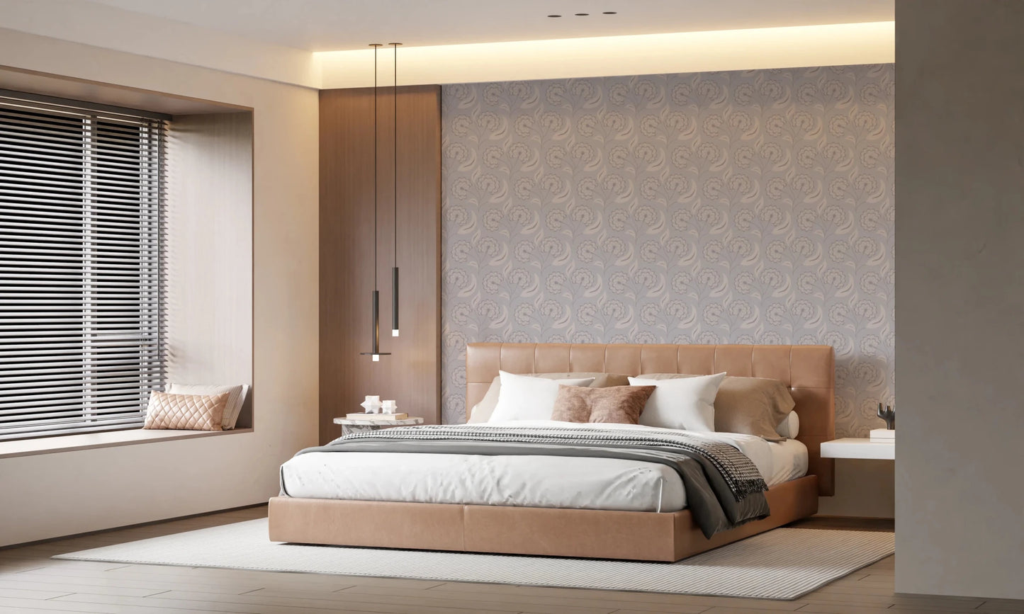 Serene Floral beige wallpaper in soft grey behind a tan leather bed beside a wood panel in a warm bedroom