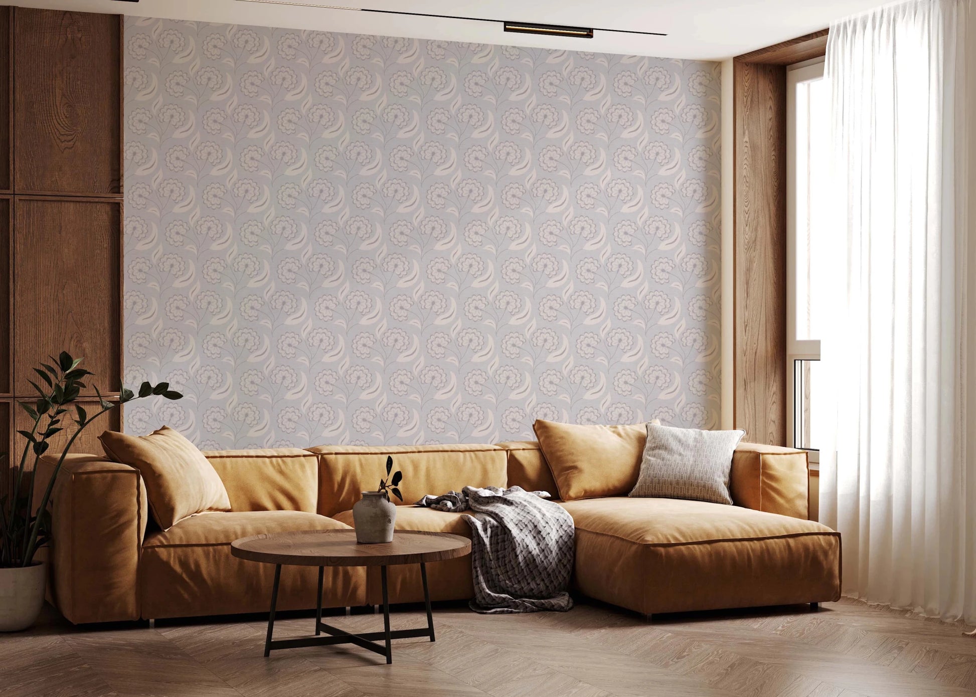 Serene Floral beige wallpaper in soft grey behind a mustard sectional framed by wood walls in a living room