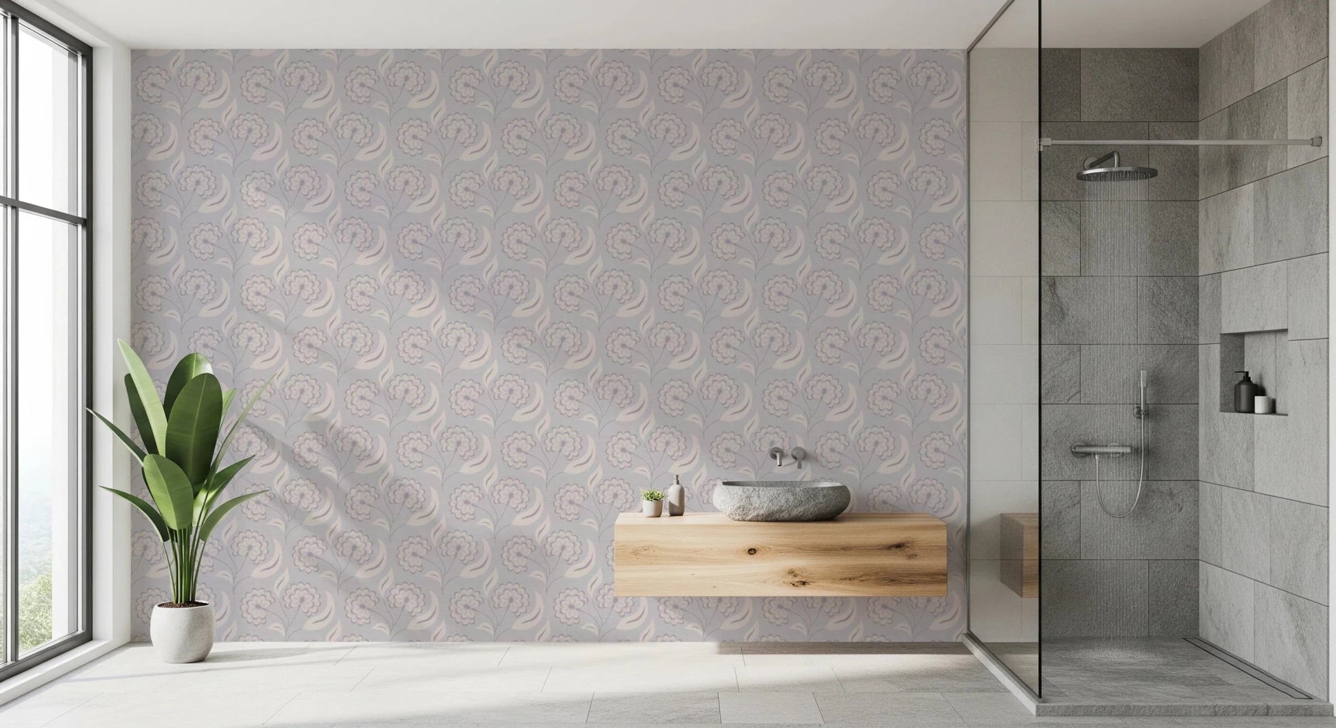 Serene Floral beige wallpaper behind a floating wood vanity and stone basin beside a glass shower in a bathroom