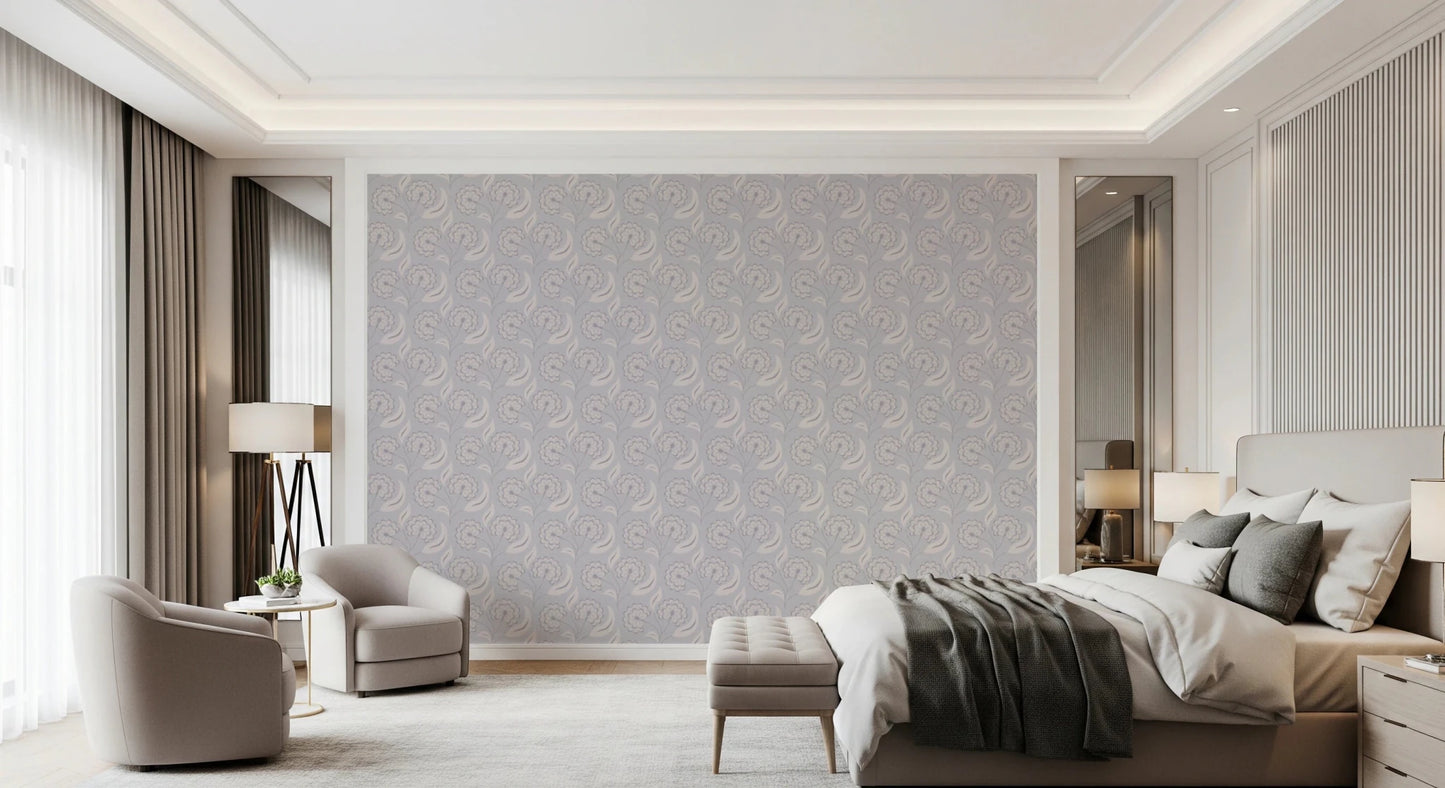 Serene Floral beige wallpaper in grey-lilac blooms behind a beige bed and two cream armchairs in a luxe bedroom
