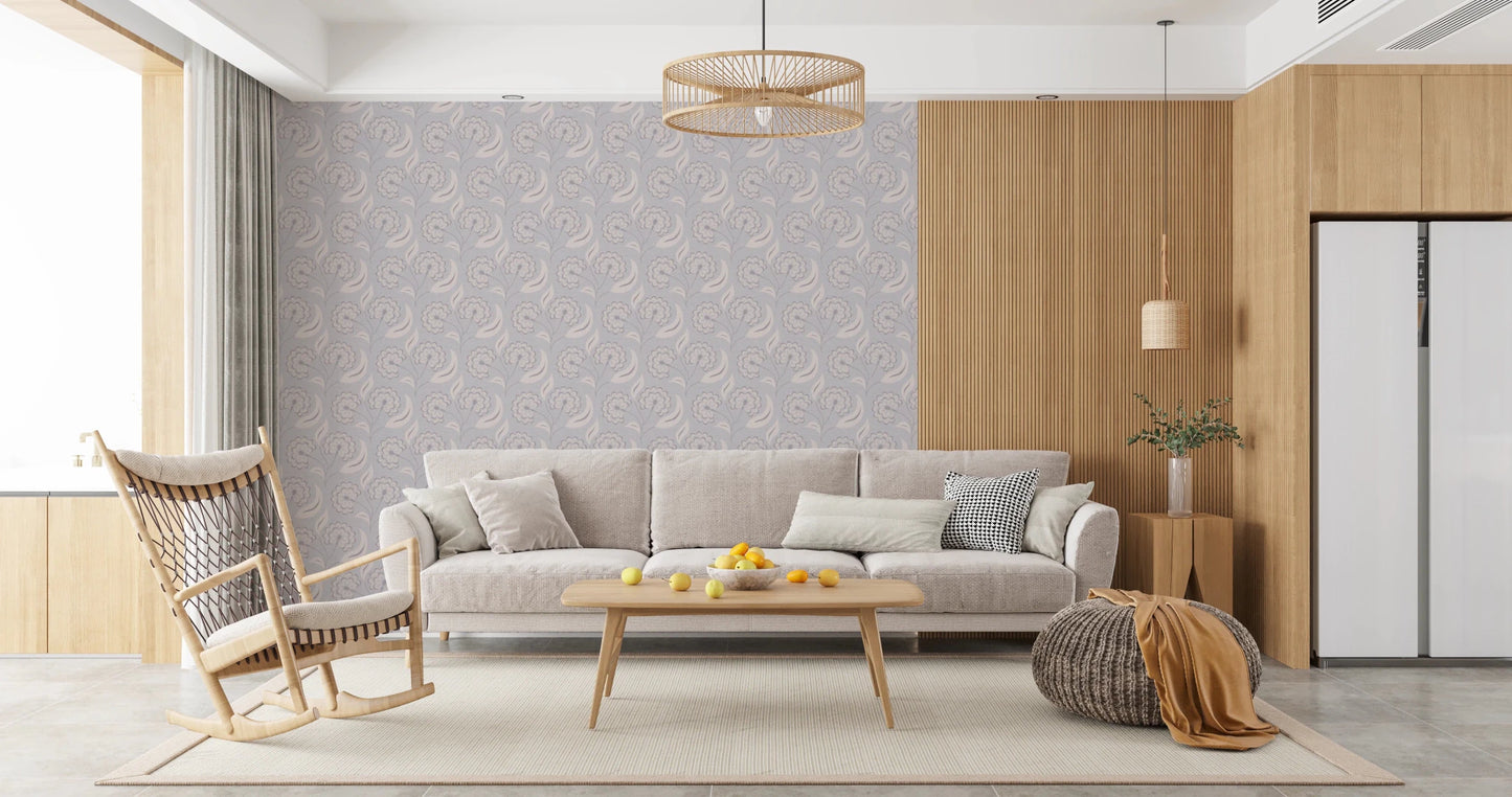 Serene Floral beige wallpaper beside a wood-slat wall behind a grey sofa and wooden rocking chair in a living room